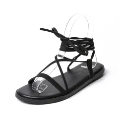 Korean Fashion Women's Sandals Flat Round Toe All-Match Lace-Up Women's Shoes - Black - View 1