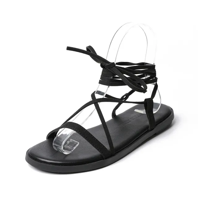 Korean Fashion Women's Sandals Flat Round Toe All Match Lace Up Women's Shoes Black - Shop at LoveMi