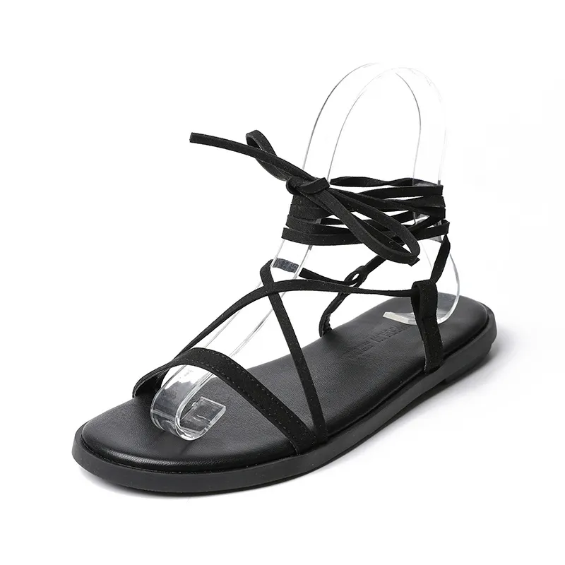 Korean Fashion Women's Sandals Flat Round Toe All-Match Lace-Up Women's Shoes - Black