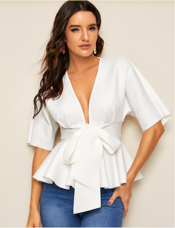 Women's Deep V Sexy Ruffled Hem Belt Shirt OL Temperament Simple Shirt