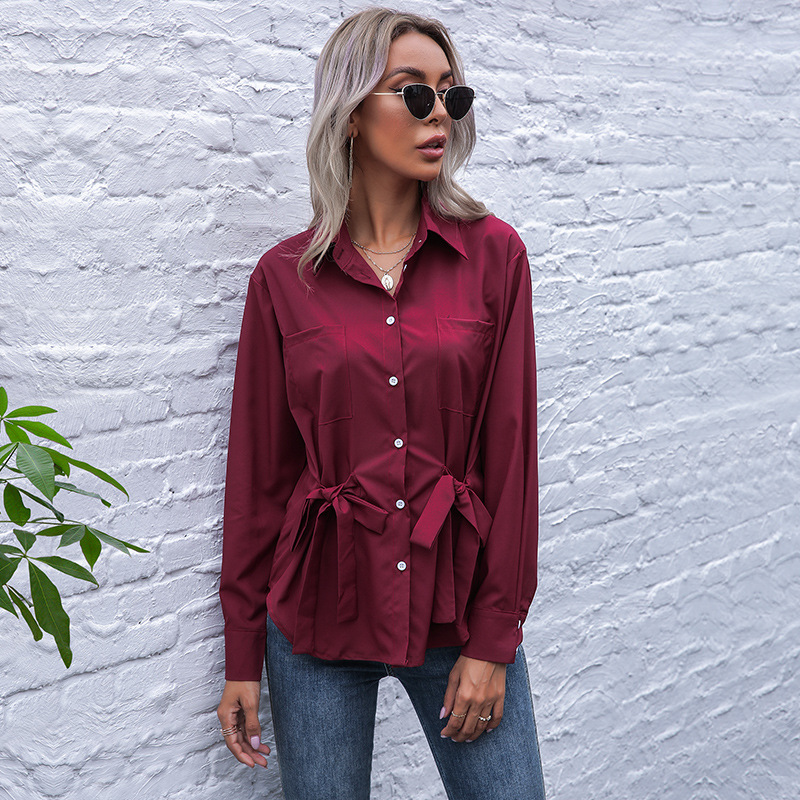 Spring New Cardigan Red Business Lapel Solid Color Long Sleeved Shirt Women