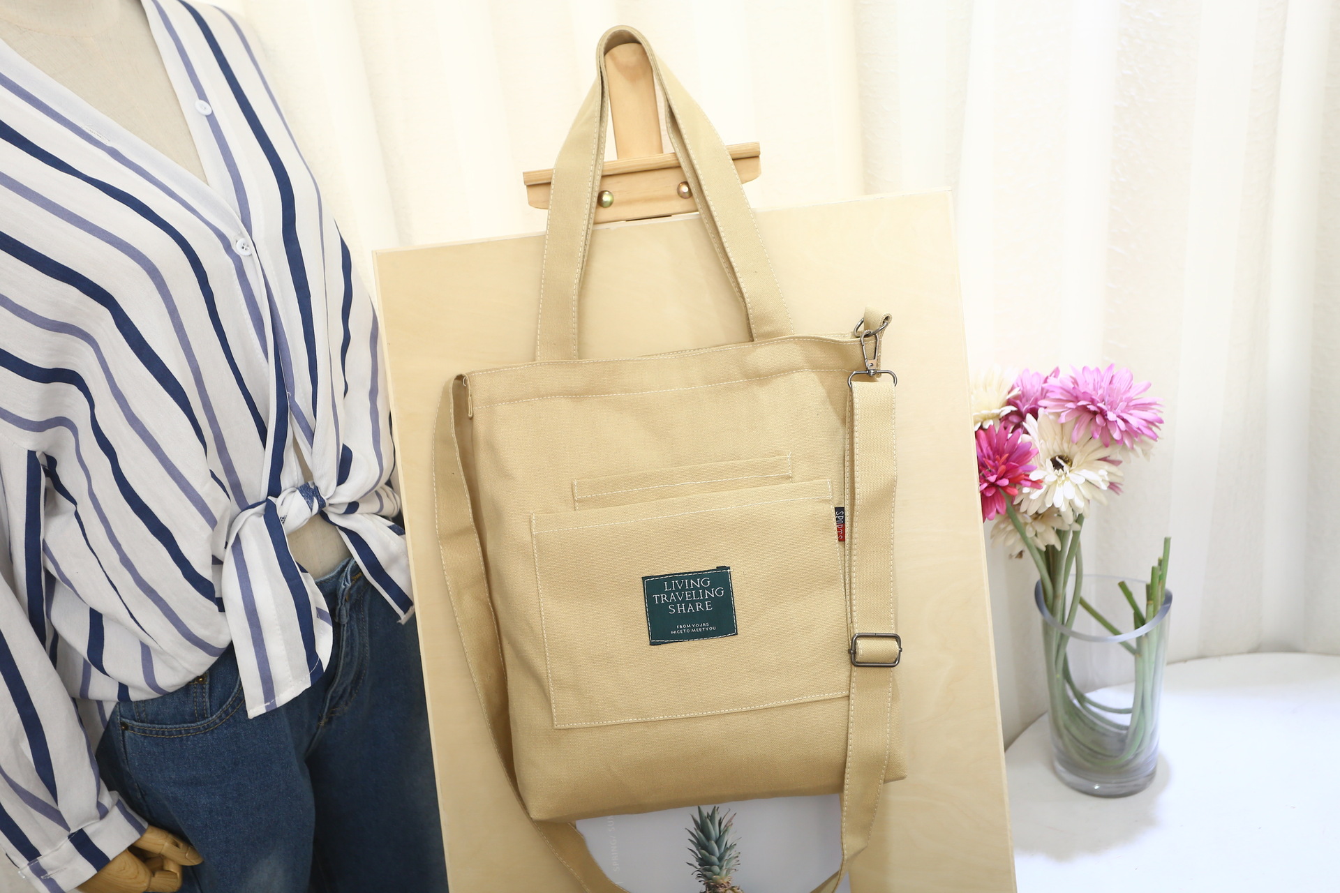 Solid Color Canvas Shoulder Diagonal Bag With Removable Shoulder Strap