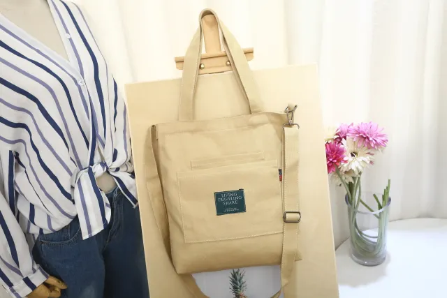 Solid Color Canvas Shoulder Diagonal Bag With Removable Shoulder Strap Khaki - Shop at LoveMi