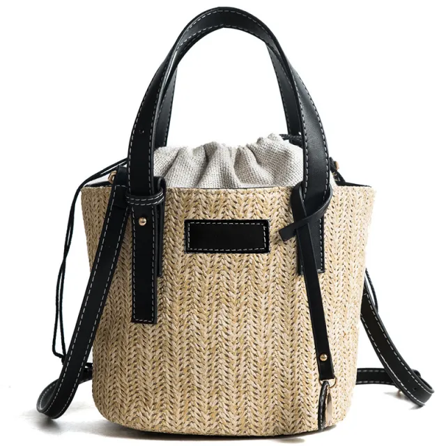 Summer Korean Wild Cross body Shoulder Handbag Straw Woven Bucket Bag Black - Shop at LoveMi
