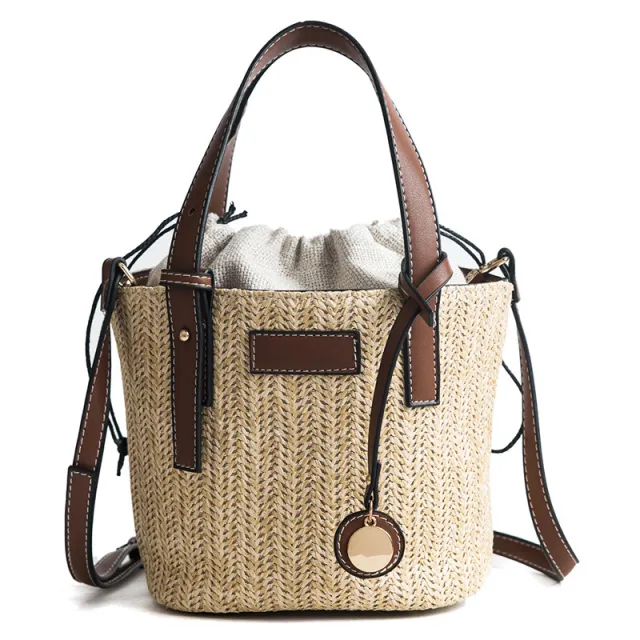 Summer Korean Wild Cross body Shoulder Handbag Straw Woven Bucket Bag Brown - Shop at LoveMi