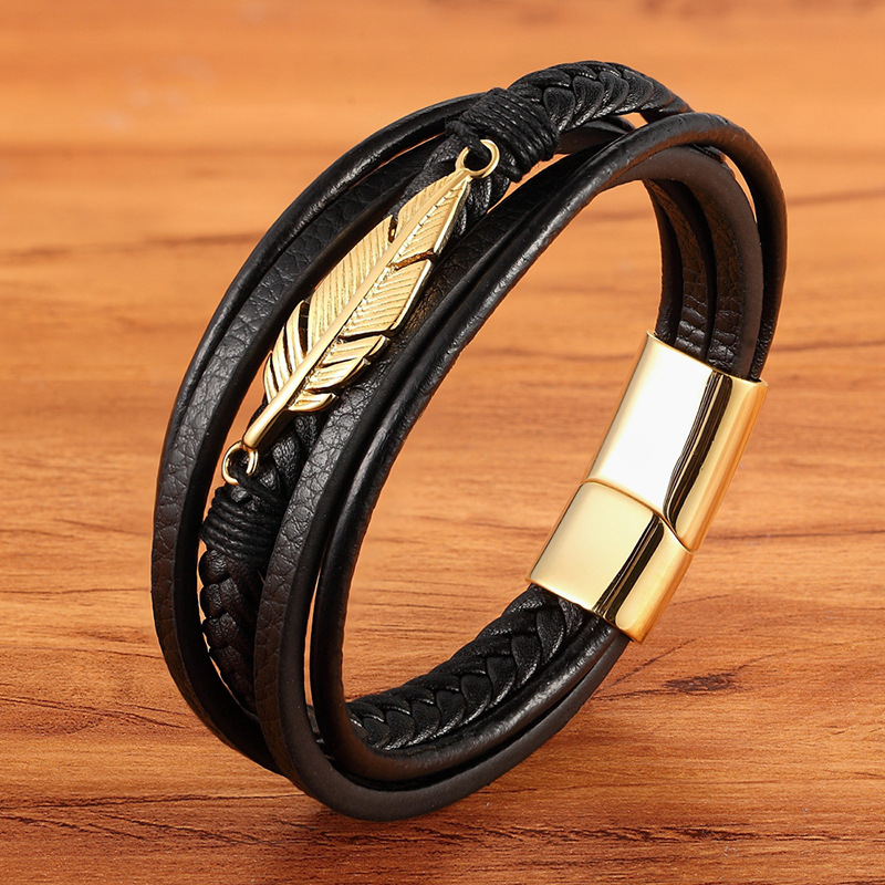 New 3 Layers Black Gold Punk Style Design Genuine Leather Bracelet for Men Steel