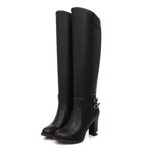 Over The Knee Leather Boots With Large Heels Black - Shop at LoveMi