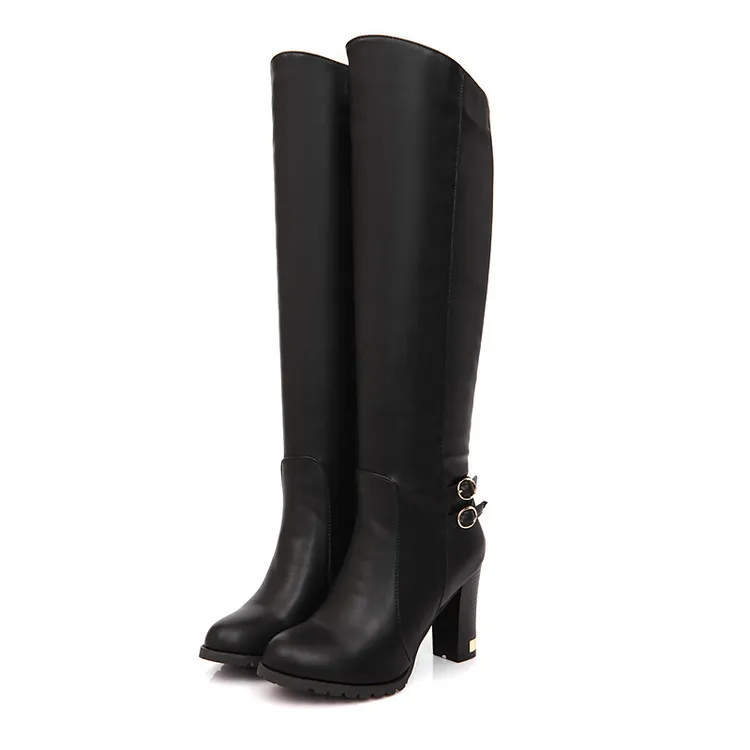 Over-The-Knee Leather Boots With Large Heels - Black