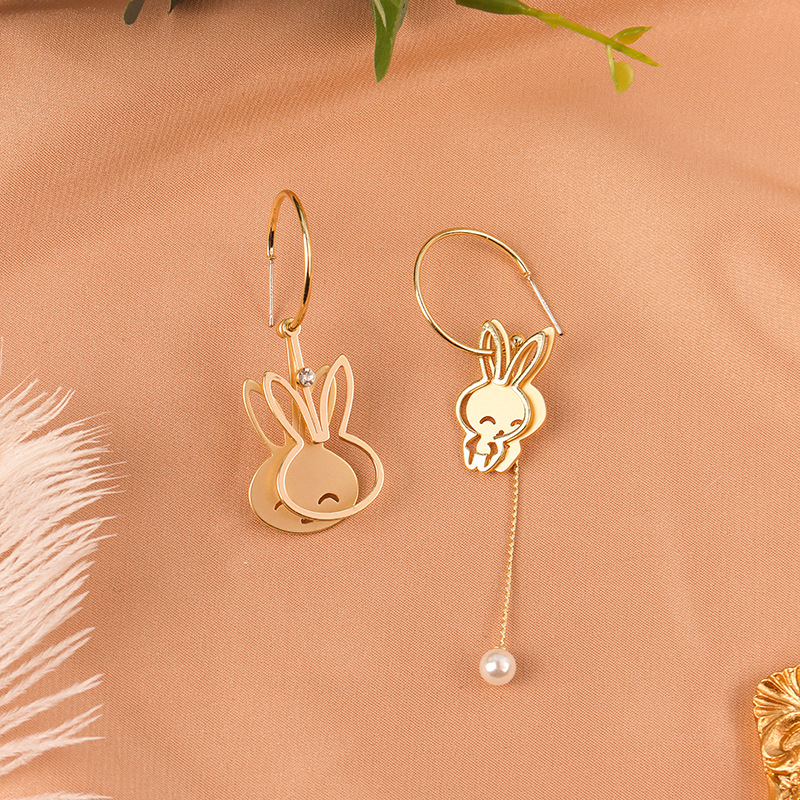 Girly Heart Asymmetric Long Bunny Earrings