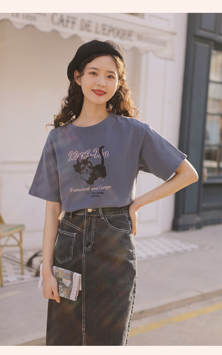 Linjou Lingjiu New Red Short Sleeve T-Shirt Women"s Summer Dress Loose Retro Print T-Shirt