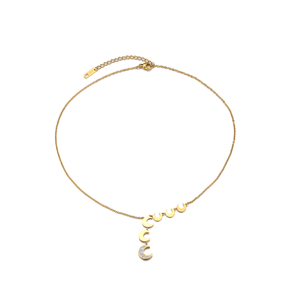 Stainless Steel Gold Plated Moon Diamond Tassel Pendant Clavicle Chain