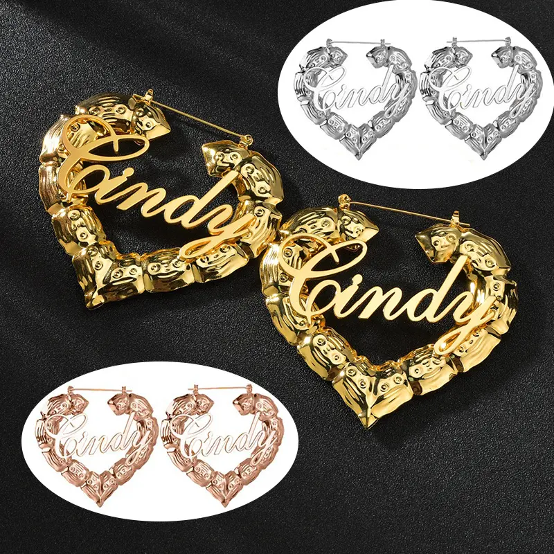 Personality Women Fashion Bamboo Hoop Earrings Letter Queen Love