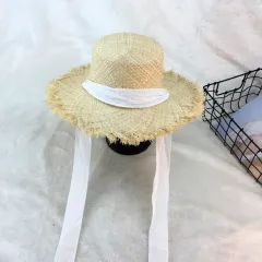 Flat-top raffia large-edge burred cotton ribbons with sunshade and sunscreen straw hat vacation beach hat tide - Red - View 1
