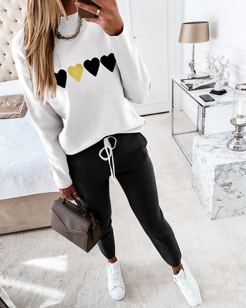 New Sports Suit Women White Love Printing Casual Suit