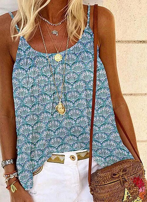 Women's Summer Bohemian Print Loose Strap Top Blue - Shop at LoveMi