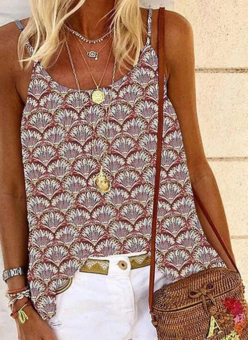 Women's Summer Bohemian Print Loose Strap Top Wine Red - Shop at LoveMi