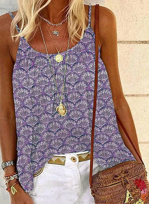 Women's Summer Bohemian Print Loose Strap Top Purple - Shop at LoveMi
