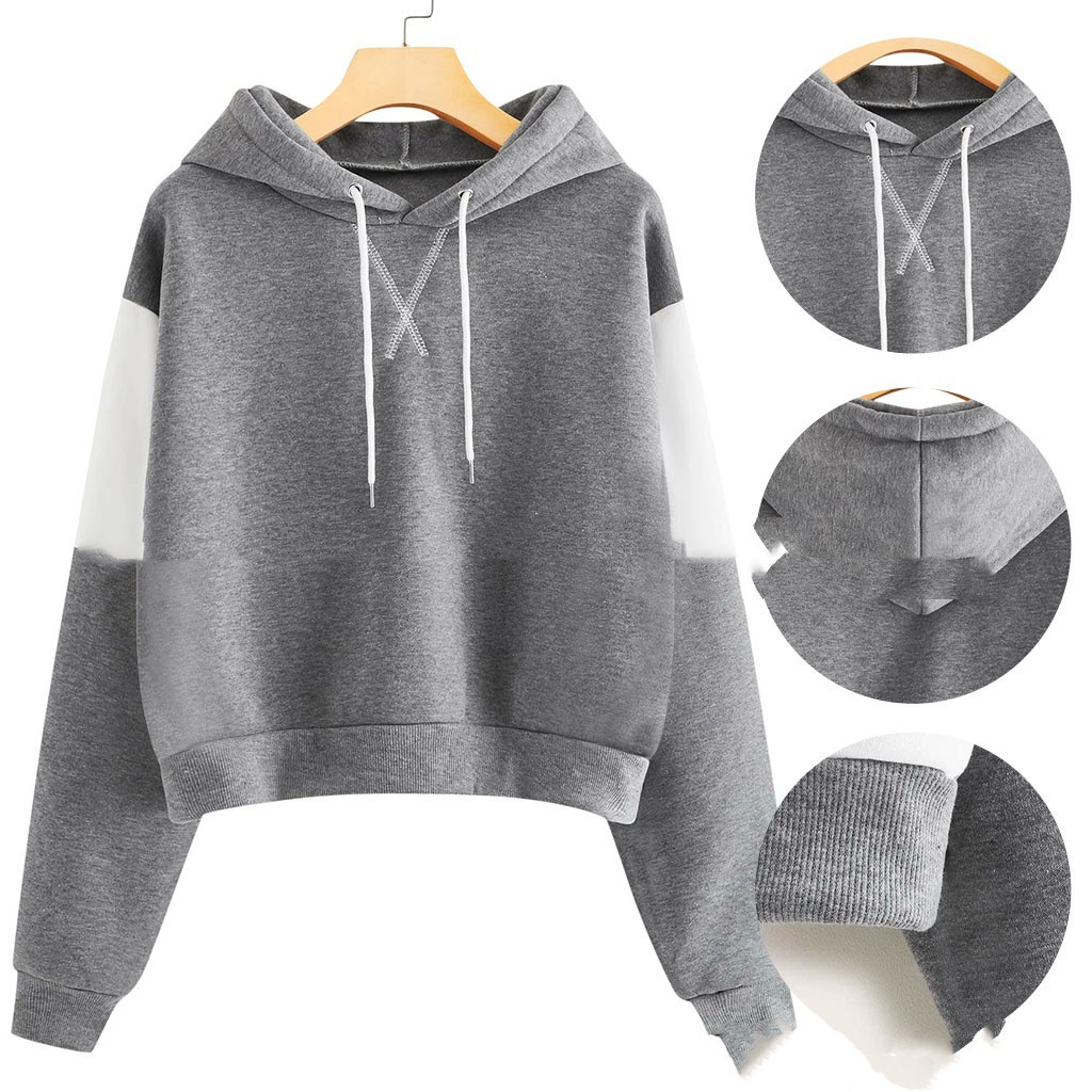 Hooded Color Blocking Cropped Long Sleeved Women's Ribbed Top And Fleece Sweater