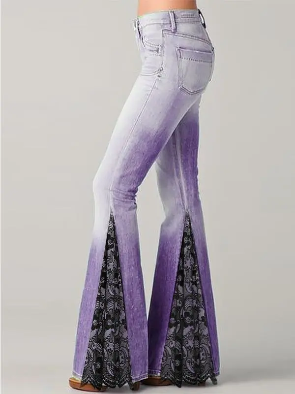 Temperament Commuter Floral Print Panelled Flare Jeans Purple - Shop at LoveMi
