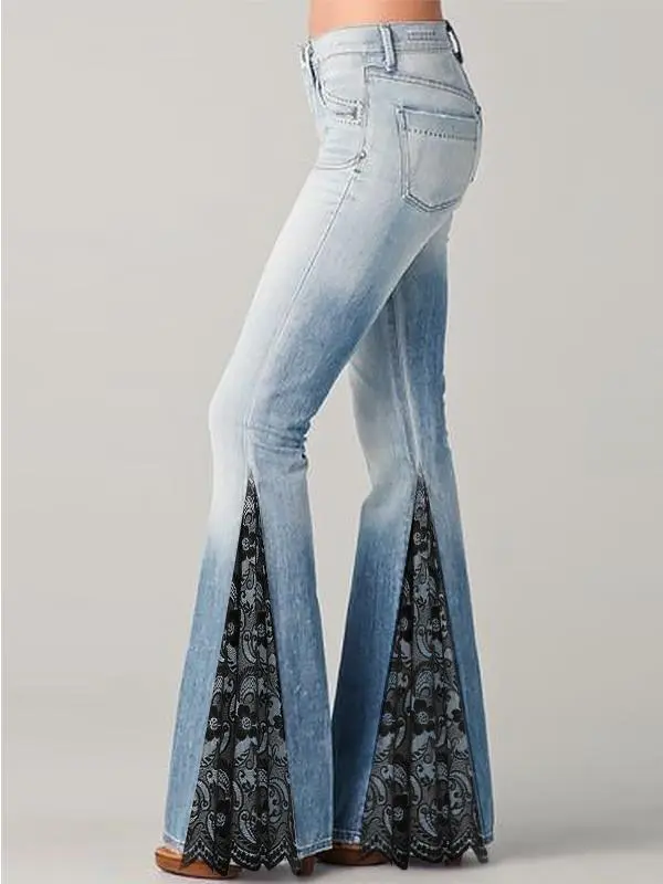 Temperament Commuter Floral Print Panelled Flare Jeans Blue - Shop at LoveMi