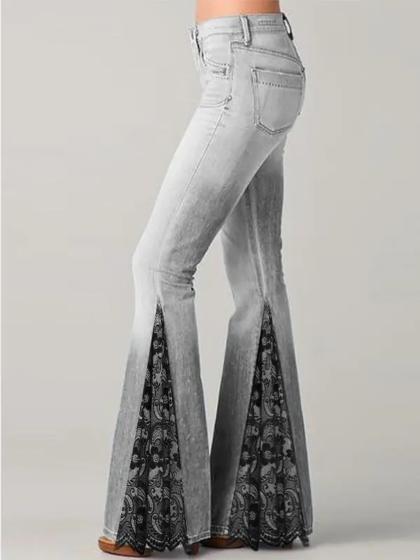 Temperament Commuter Floral Print Panelled Flare Jeans Grey - Shop at LoveMi