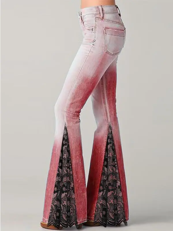 Temperament Commuter Floral Print Panelled Flare Jeans Red - Shop at LoveMi
