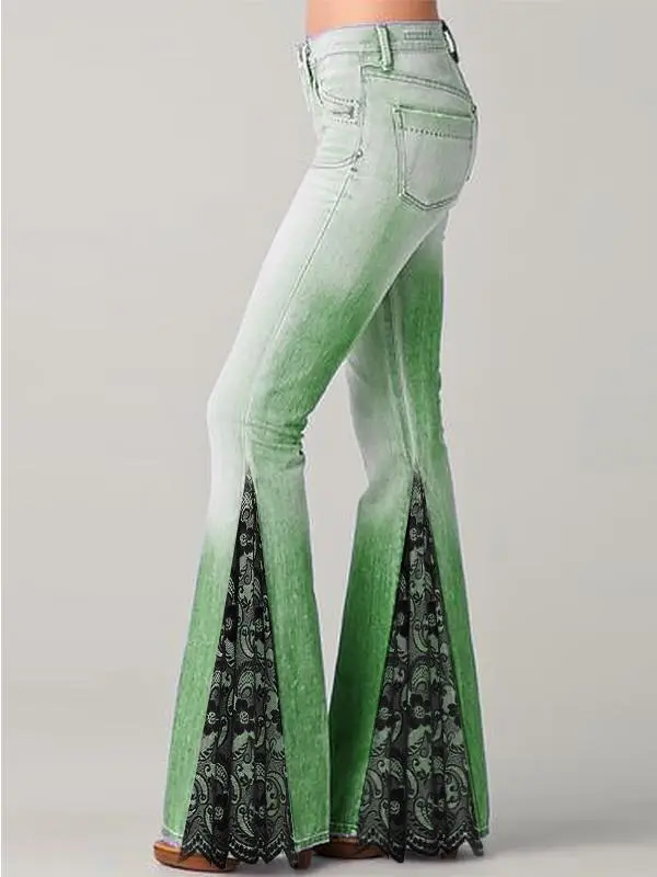 Temperament Commuter Floral Print Panelled Flare Jeans Green - Shop at LoveMi