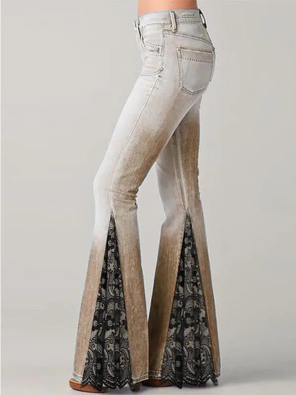 Temperament Commuter Floral Print Panelled Flare Jeans Khaki - Shop at LoveMi
