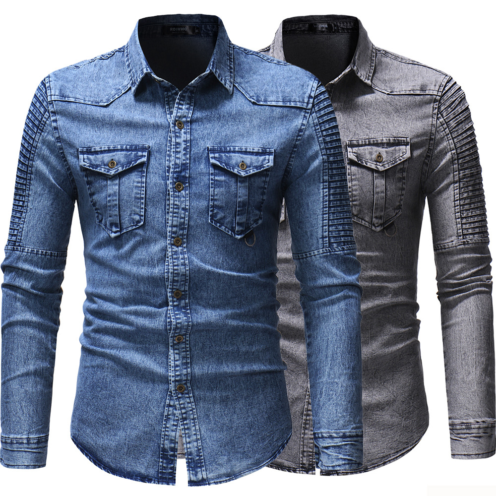 Men's New Style Pleated Stitching Sleeve Shirt Long Sleeved Denim Jacket