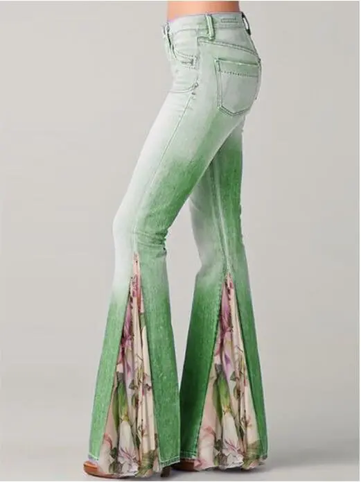 High Waisted Cotton Denim Trousers And Micro Trousers Washed Green - Shop at LoveMi