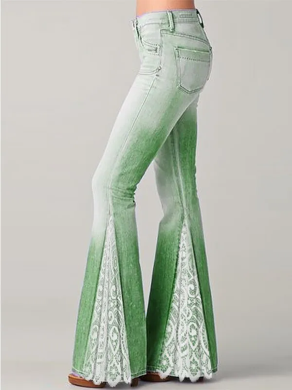 Fashion Gradient Lace Stitching Ruffled Jeans Flared Pants Green - Shop at LoveMi
