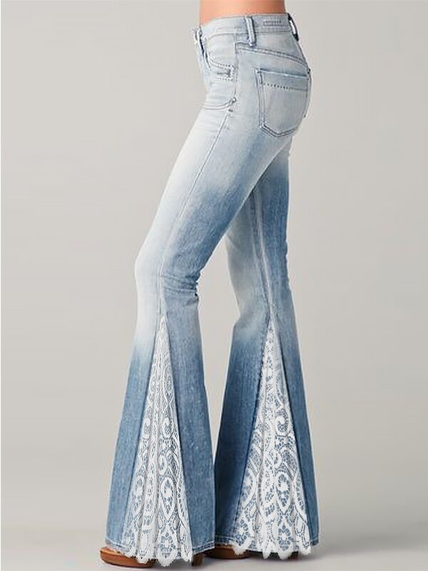 Fashion Gradient Lace Stitching Ruffled Jeans Flared Pants Blue - Shop at LoveMi
