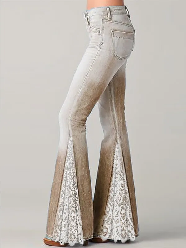 Fashion Gradient Lace Stitching Ruffled Jeans Flared Pants Khaki - Shop at LoveMi