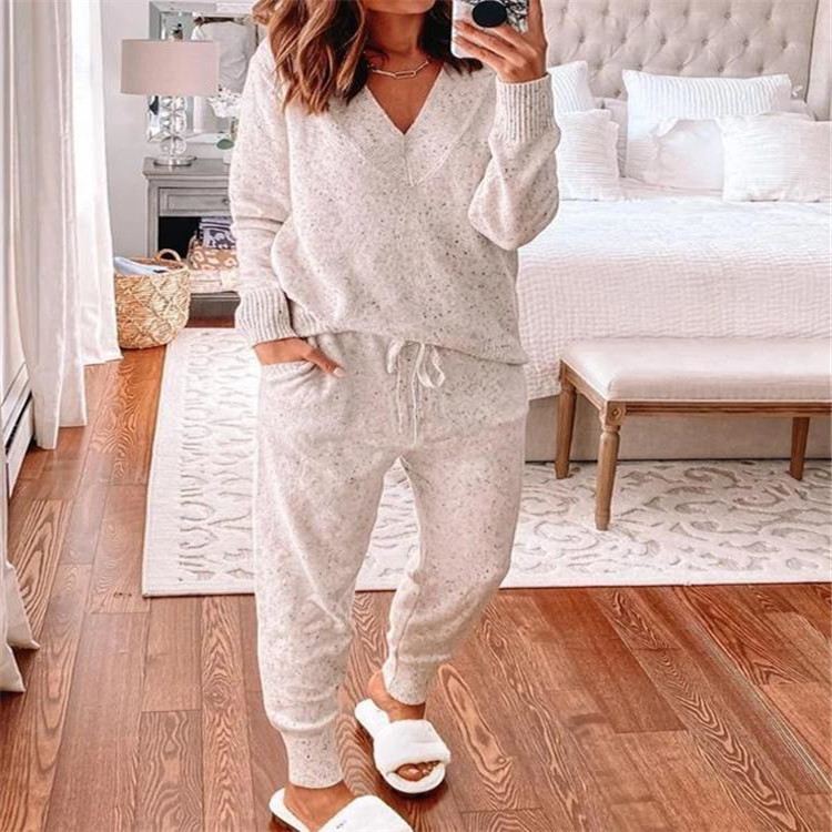 V Neck Long Sleeve Pocket Trousers Casual Two Piece Suit Women