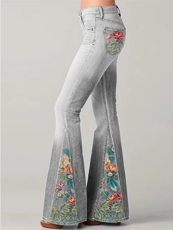 Spring New Fashion Gradient Color Flower Print Jeans Flared Pants Grey - Shop at LoveMi