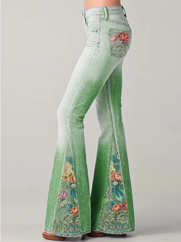 Spring New Fashion Gradient Color Flower Print Jeans Flared Pants Green - Shop at LoveMi