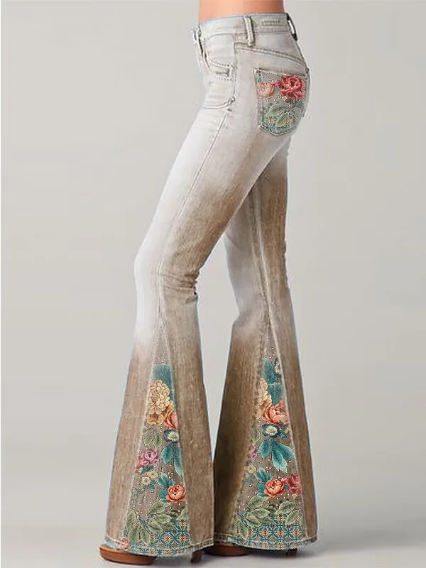 Spring New Fashion Gradient Color Flower Print Jeans Flared Pants Khaki - Shop at LoveMi