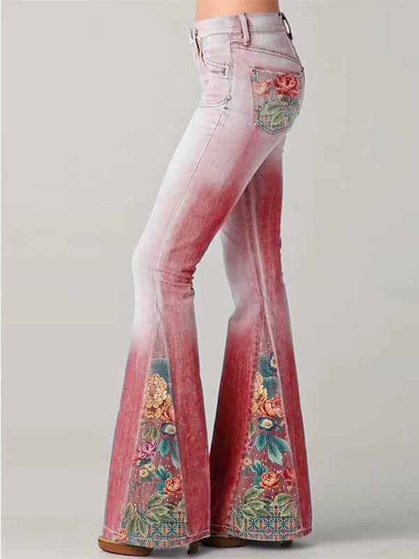 Spring New Fashion Gradient Color Flower Print Jeans Flared Pants Red - Shop at LoveMi