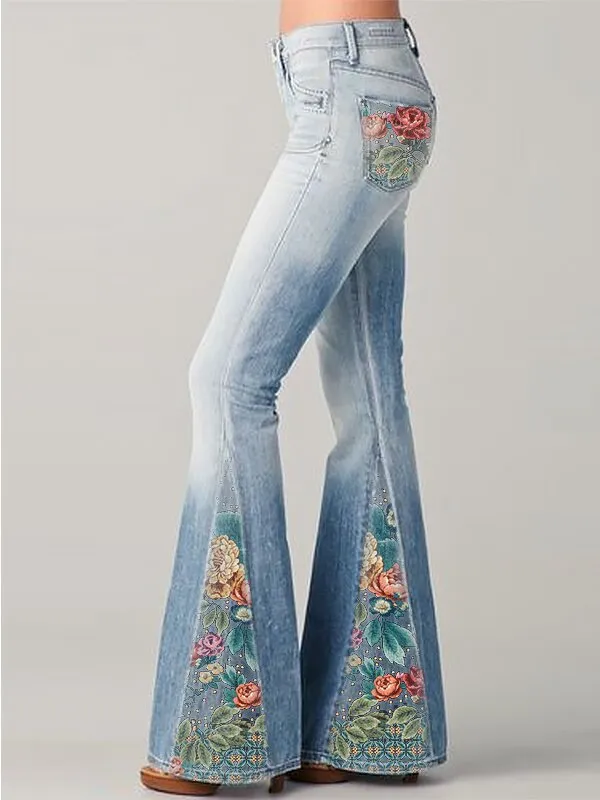 Spring New Fashion Gradient Color Flower Print Jeans Flared Pants Blue - Shop at LoveMi
