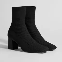 Square Toe All-Match High-Heel Knitted Stretch Sock Boots - Black - View 1