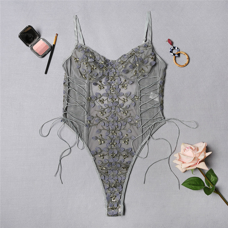 Sensual Lace Mesh See-through Embroidery Strappy Bodysuit — image 1