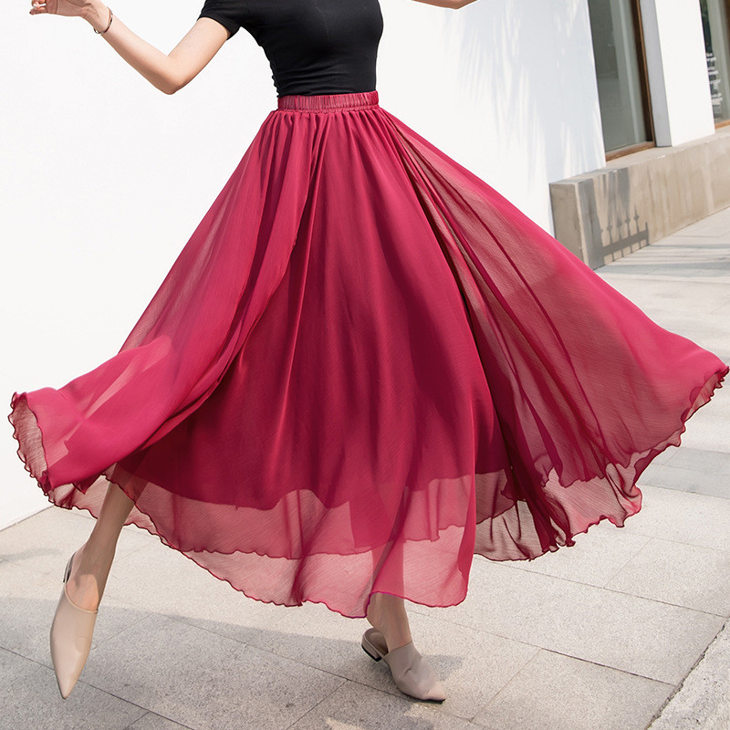 Chiffon Skirt Mid length Plus Size Elastic Waist Elegant Skirt Wine - Shop at LoveMi