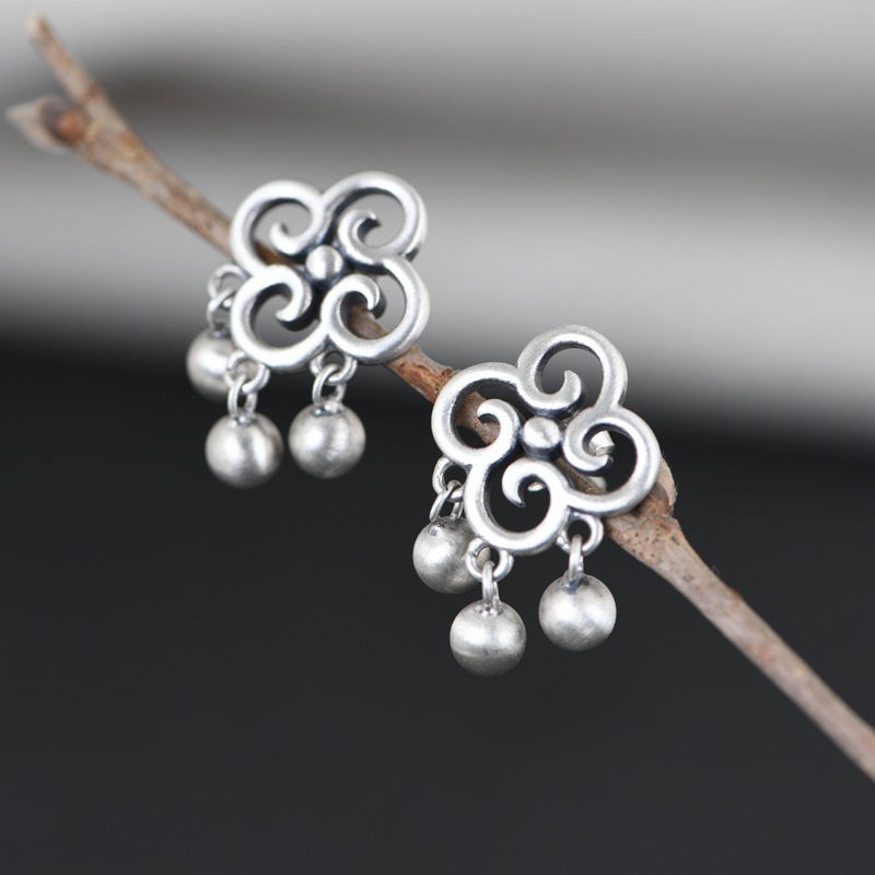 S925 Silver Matte Craft Silver Bead Tassel Earrings