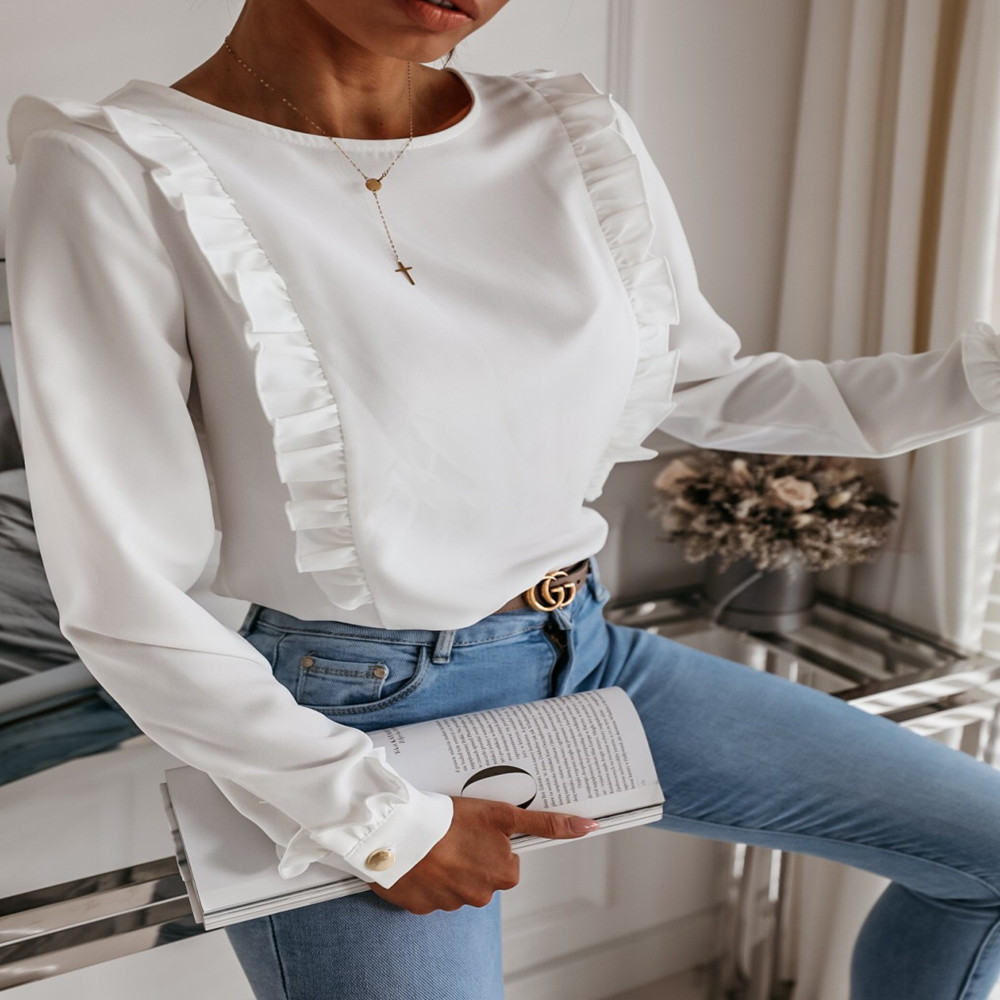 Long Sleeve Round Neck Casual Ruffle Blouse