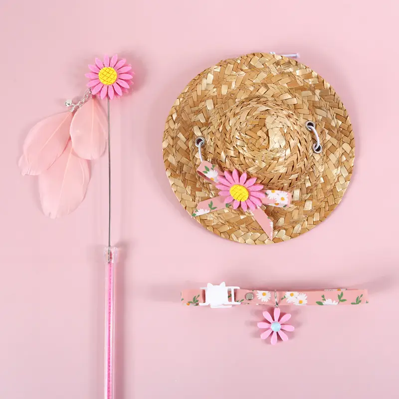 Small Daisy Sun Flower Bell Funny Cat Stick Collar Bow Straw Hat
