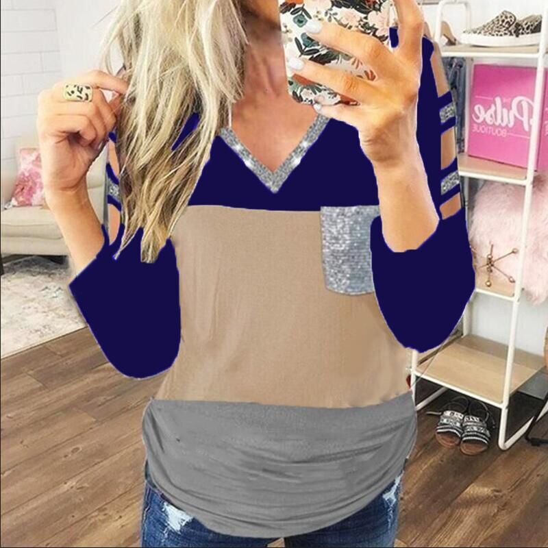 Stand-Alone Hollow Sequined V-Neck Color-Blocking Long-Sleeved T-Shirt