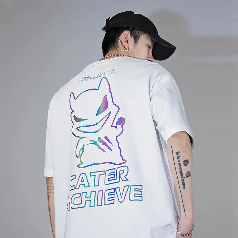 Spring Summer New Colorful Reflective T-shirt Male Little Devil Printed Tide Brand Short Sleeve
