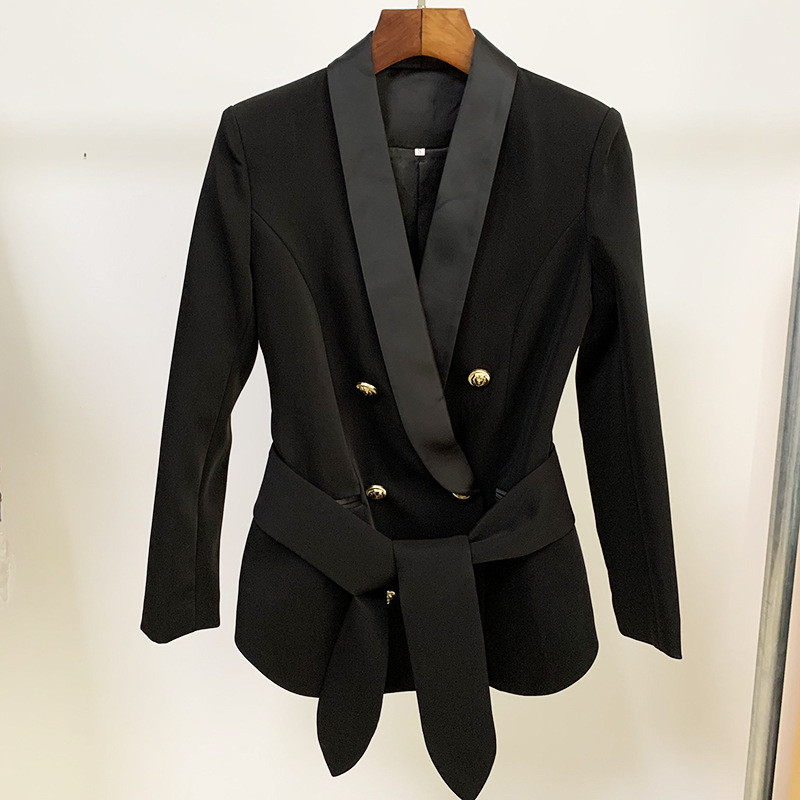 Metal Double-breasted Blazer With Green Collar and Belt