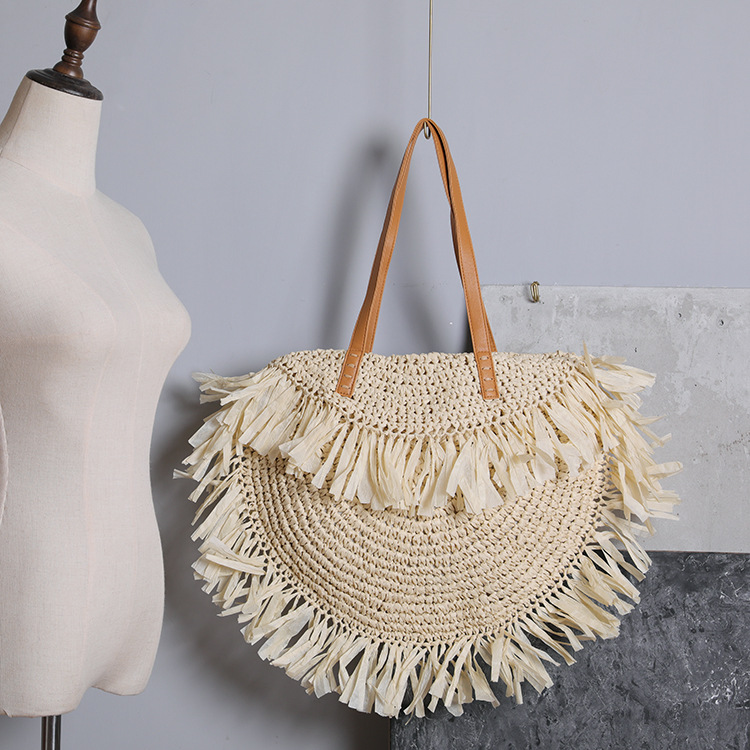 New Tassel Straw Woven Bag Woven Bag Beach Bag Shoulder Bag Retro Female Bag Beige - Shop at LoveMi