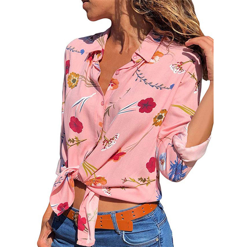 Casual Printed V-neck Long Sleeve Chiffon Shirt Ladies Top